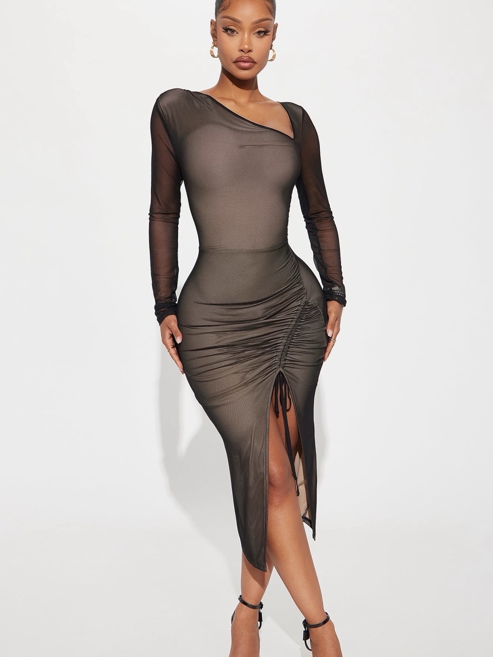 Fashion Nova Black One-Shoulder Sheer Ruched Midi Dress